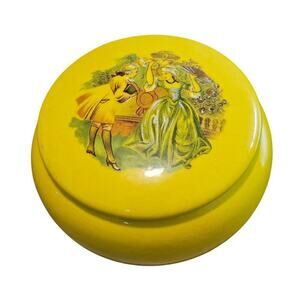 Vintage Victorian Trinket Jewelry Box Yellow Round Ceramic Keepsake Medieval